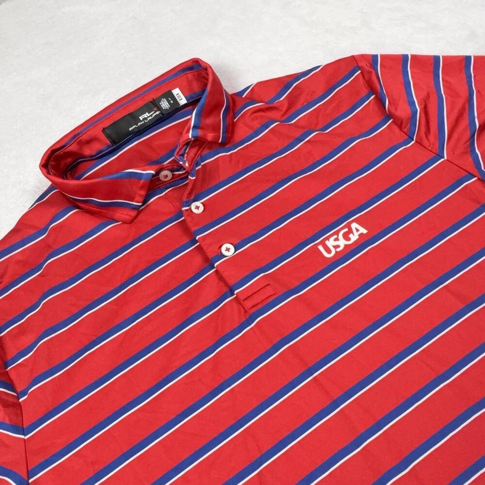 RLX Ralph Lauren Polo Shirt Mens L Red Blue Striped Golf Performance USGA Logo